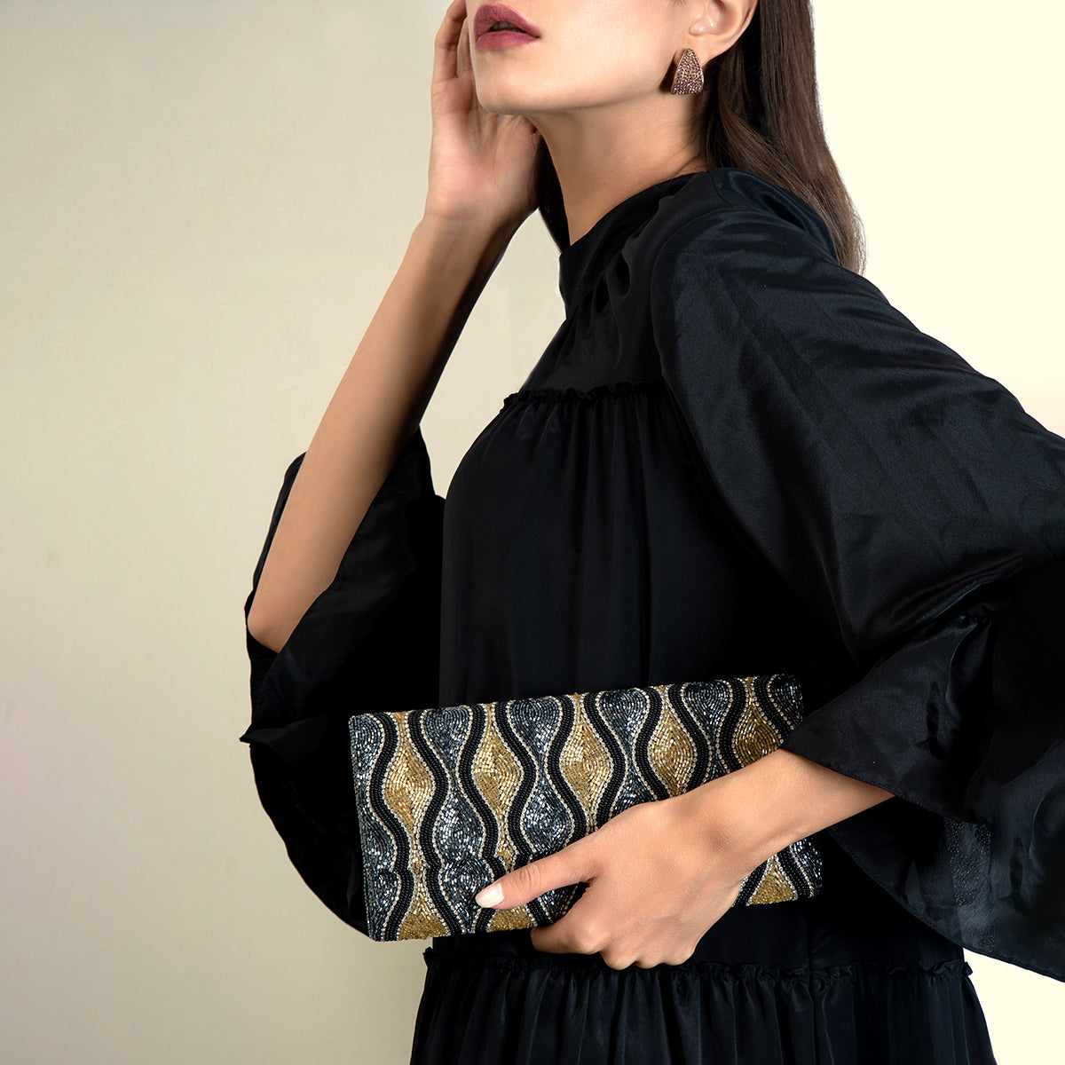 Deepa Gurnani Gold/ Gunmetal Violetta Clutch