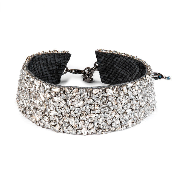 Hat, strap, Swarovski crystal,gun, metal handmade stretch band Deepa Gurnani S/M Handmade Headband | Embroidered Jewelry – Deepa Gurnani main image 4