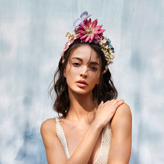 Model wearing handmade luxury Camille Headband