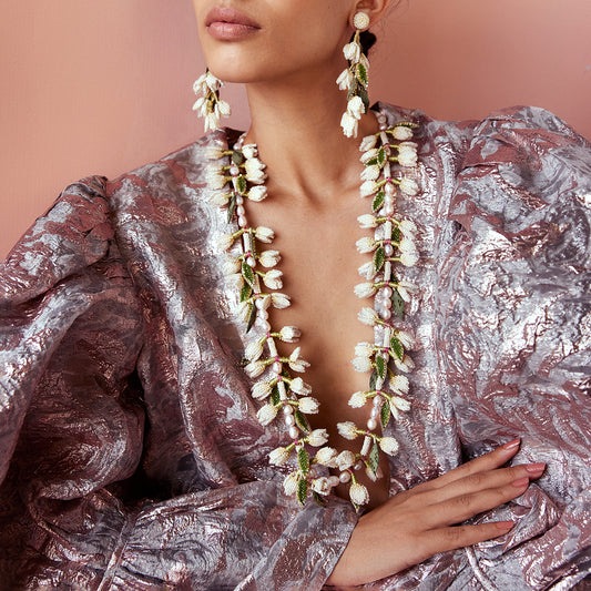 Model wearing handmade luxury Irena Necklace