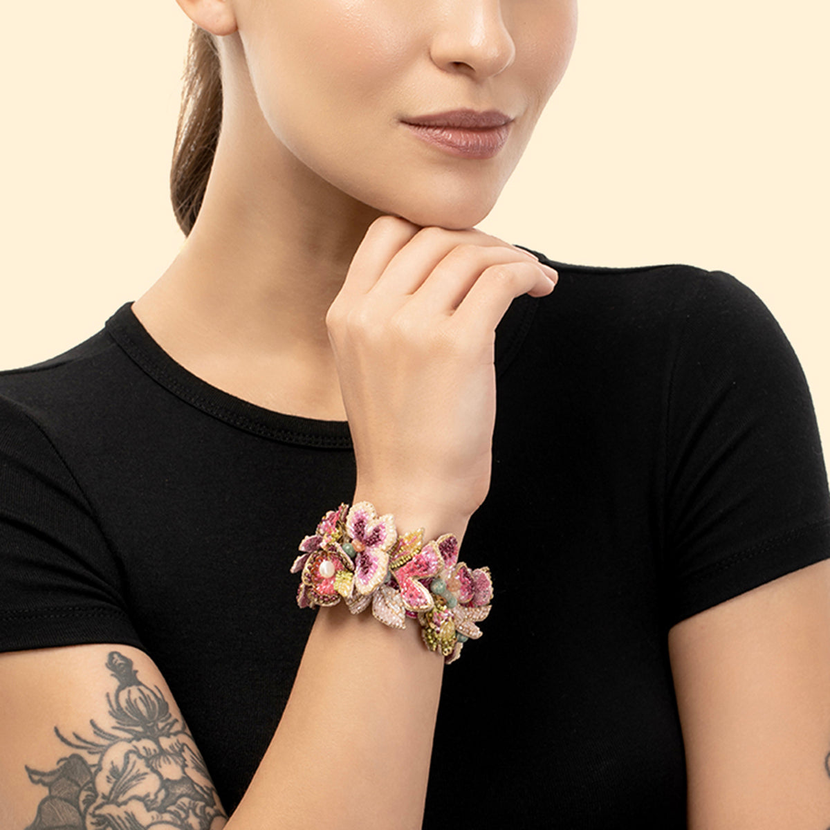 Model wearing handmade luxury Linden Cuff