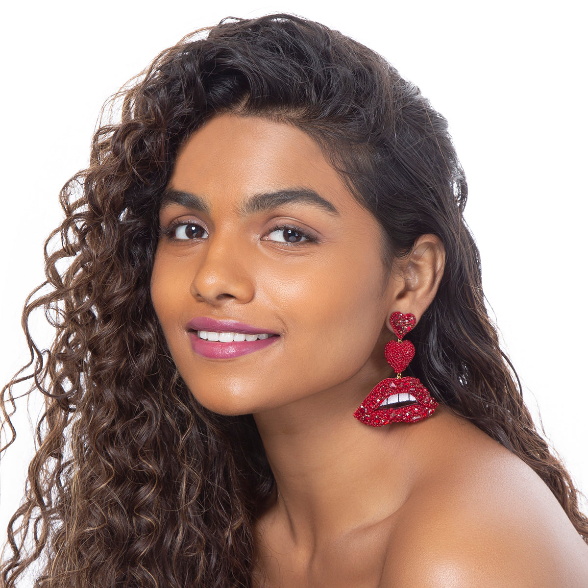 Handmade Luscious crystal red lip earrings by Deepa Gurnani